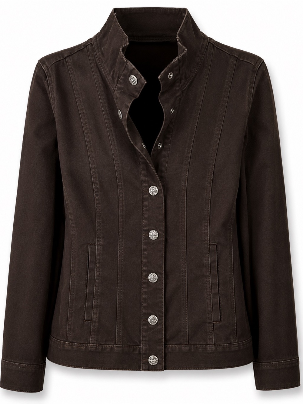Coldwater Creek Brown Cotton Stretch Jacket Metallic Snap Front Stand Collar 8P